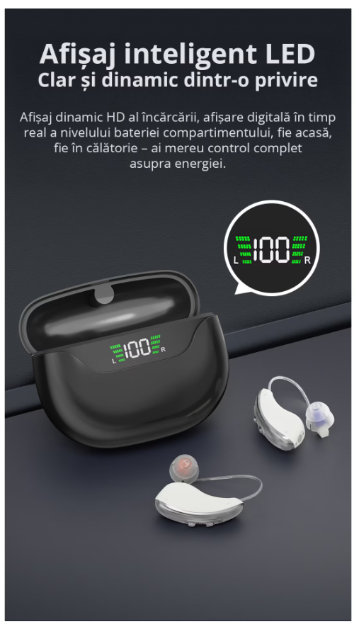 Set aparat auditiv POKKO PRO™, digital, reincarcabil USB, amplificare 130 dB, reducere zgomot, pentru adulti si varstnici, certificat CE