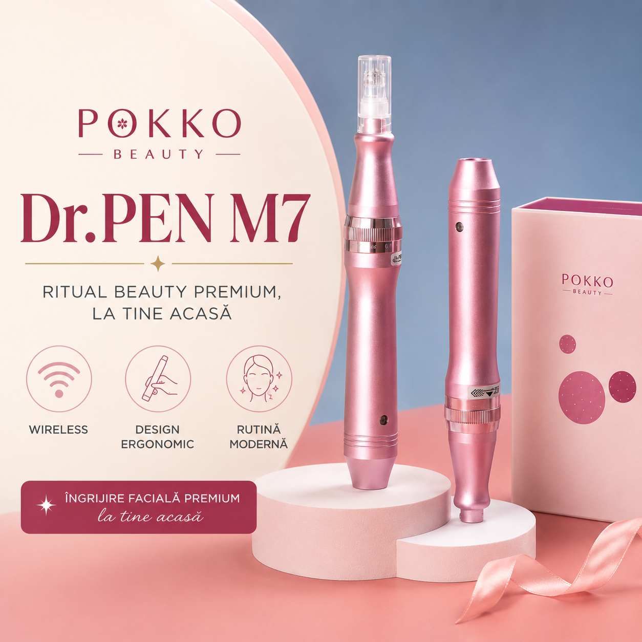 Aparat masaj facial, Dermapen Wireless POKKO BEAUTY dr.PEN M7, Microneedling Profesional, cu 10 rezerve incluse, Rejuvenare Piele & Anti-Aging