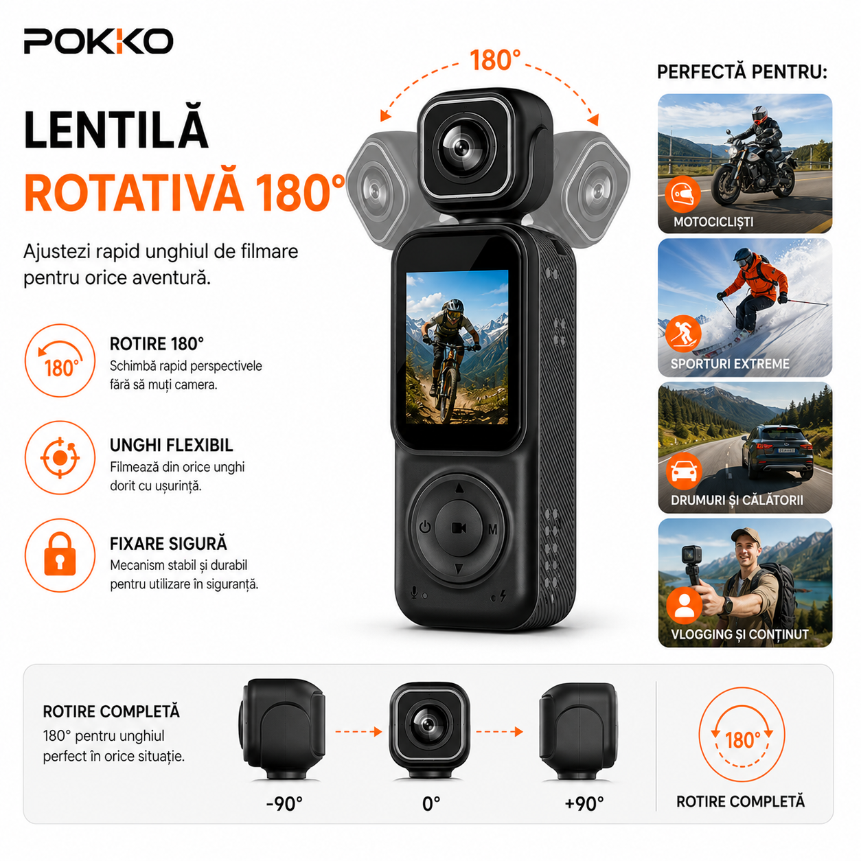 Camera Video Sport Corporala POKKO Q3, Bodycam 4K Ultra HD, Dual Lens Fata-Spate, Wi-Fi, Ecran IPS 1.5”, Baterie 2000mAh, Card TF pana la 128GB, accesorii incluse, Negru