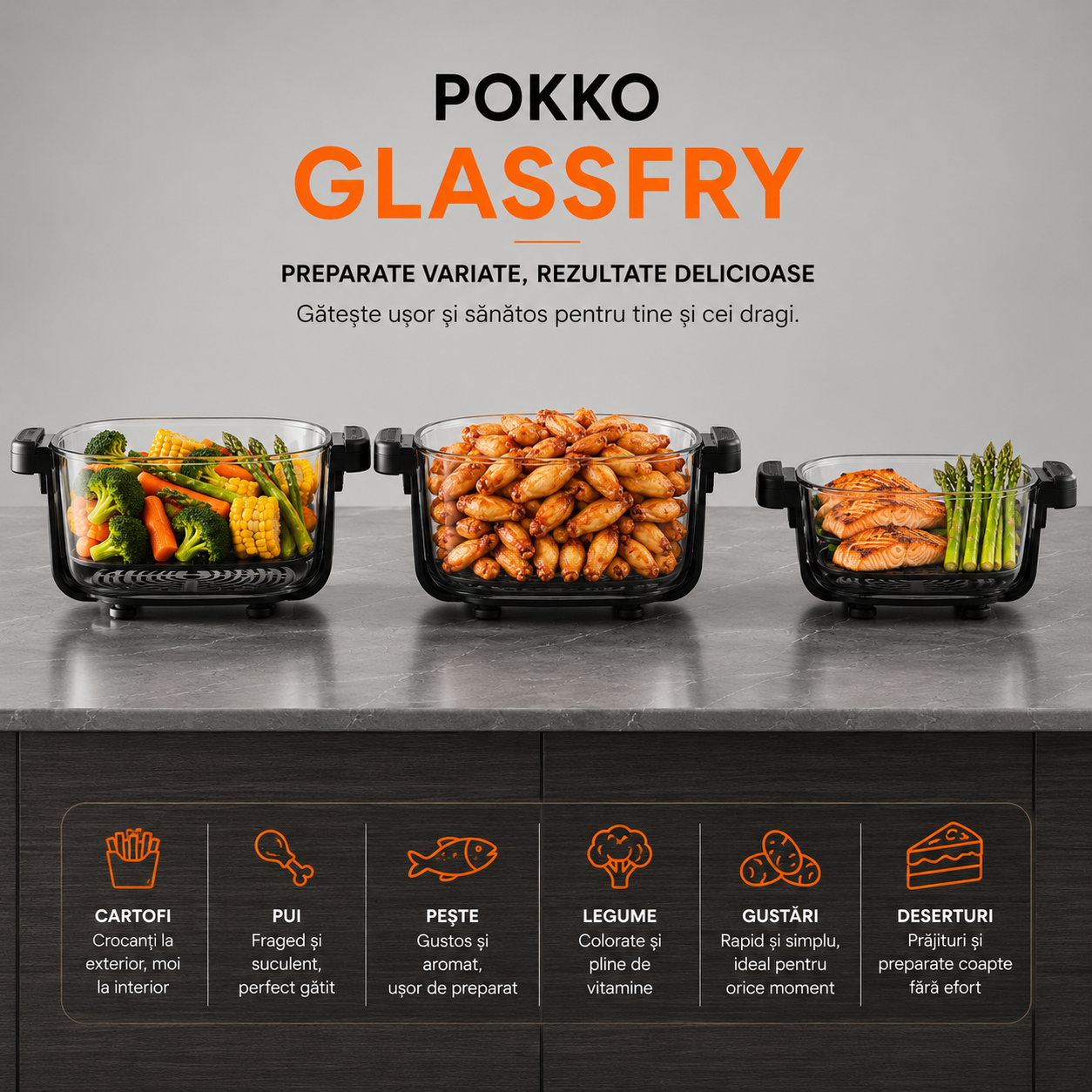 Air Fryer, friteuza cu aer cald POKKO GLASSFRY cu vas din sticla, usor de curatat, 2 vase incluse, 1500W, gatire vizibila