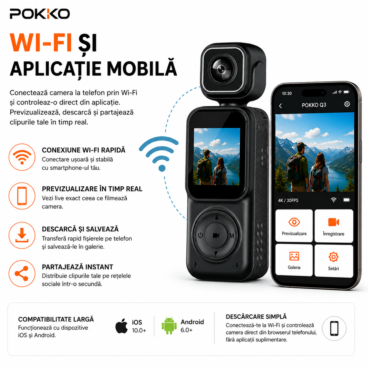Camera Video Sport Corporala POKKO Q3, Bodycam 4K Ultra HD, Dual Lens Fata-Spate, Wi-Fi, Ecran IPS 1.5”, Baterie 2000mAh, Card TF pana la 128GB, accesorii incluse, Negru