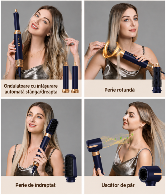 Uscator de par profesional POKKO AIRGLOW 7 in 1, feon CURLY, 2 ondulatoare, perie indreptare, difuzor, concentrator, 110000rpm, mov
