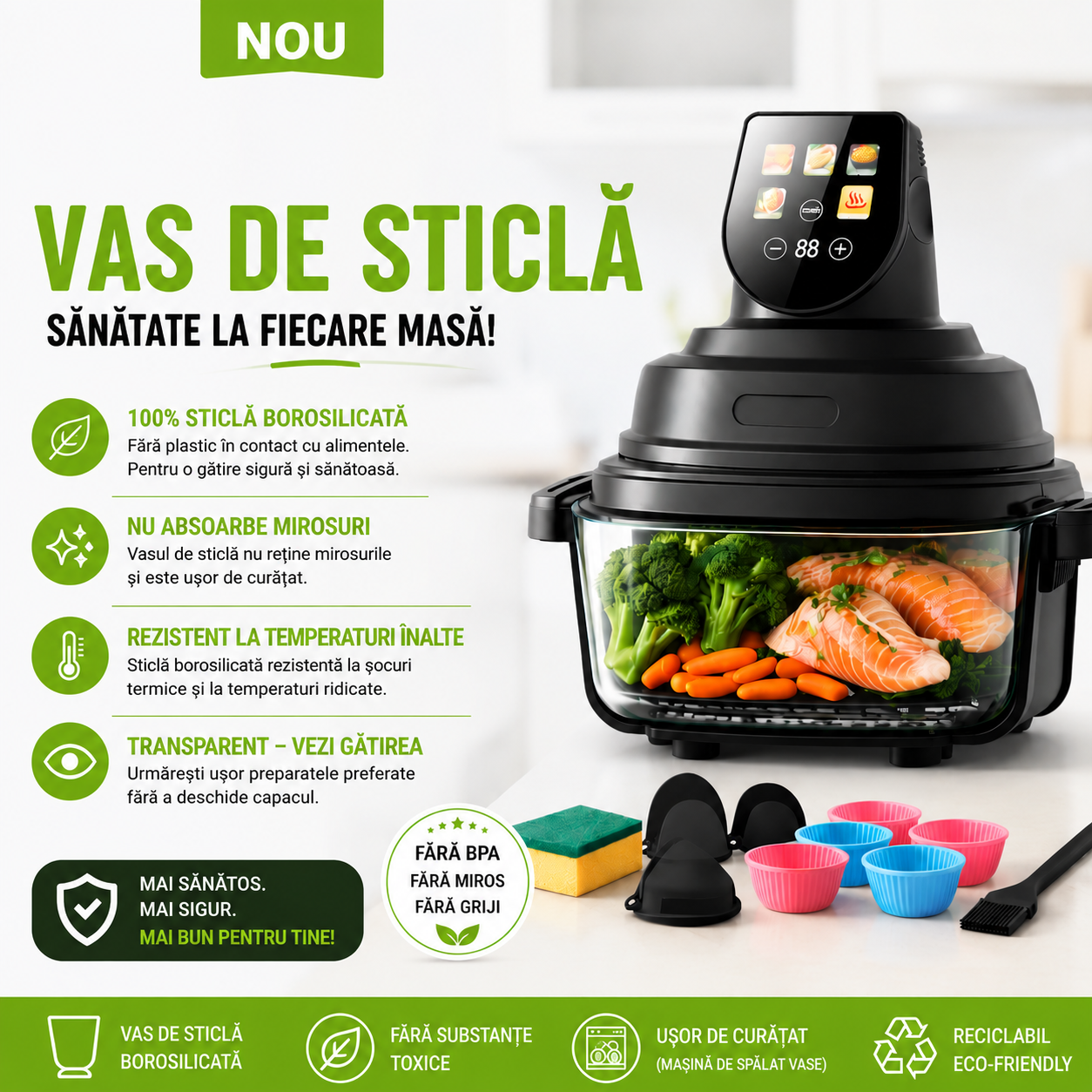 Air Fryer, friteuza cu aer cald POKKO GLASSFRY cu vas din sticla, usor de curatat, 2 vase incluse, 1500W, gatire vizibila