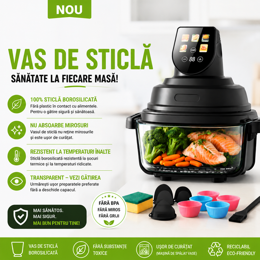 Air Fryer, friteuza cu aer cald POKKO GLASSFRY cu vas din sticla, usor de curatat, 2 vase incluse, 1500W, gatire vizibila