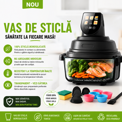 Air Fryer, friteuza cu aer cald POKKO GLASSFRY cu vas din sticla, usor de curatat, 2 vase incluse, 1500W, gatire vizibila