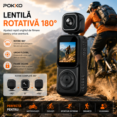 Camera Video Sport Corporala POKKO Q3, Bodycam 4K Ultra HD, Dual Lens Fata-Spate, Wi-Fi, Ecran IPS 1.5”, Baterie 2000mAh, Card TF pana la 128GB, accesorii incluse, Negru