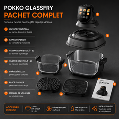 Air Fryer, friteuza cu aer cald POKKO GLASSFRY cu vas din sticla, usor de curatat, 2 vase incluse, 1500W, gatire vizibila