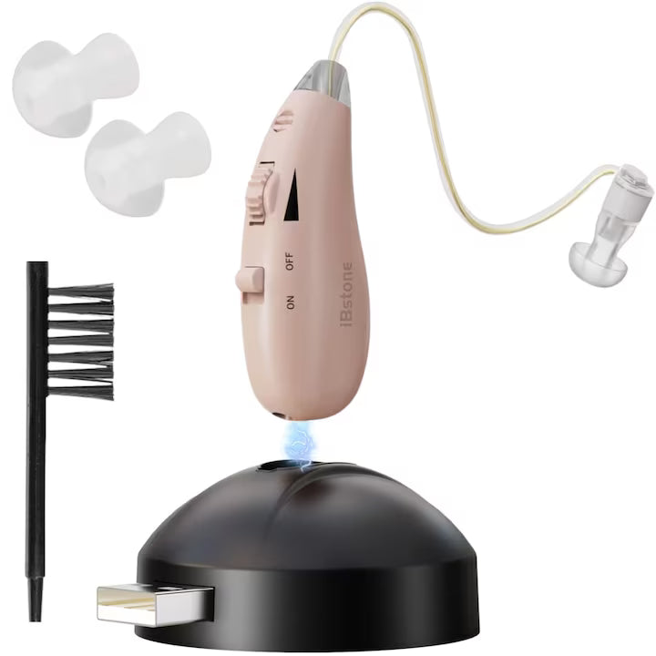 Aparat auditiv digital reincarcabil POKKO Gen4, Hipoacuzie Medie-Severa, amplificator de sunet BTE cu baza de incarcare USB, ergonomic, reducere a zgomotului si calitate clara a sunetului, potrivit pentru persoanele in varsta