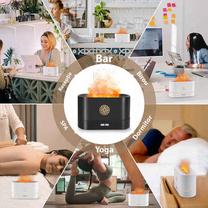 Umidificator de camera POKKO HUMID2, efect de flacara, difuzor ultrasonic aromaterapie, 190ml, alb