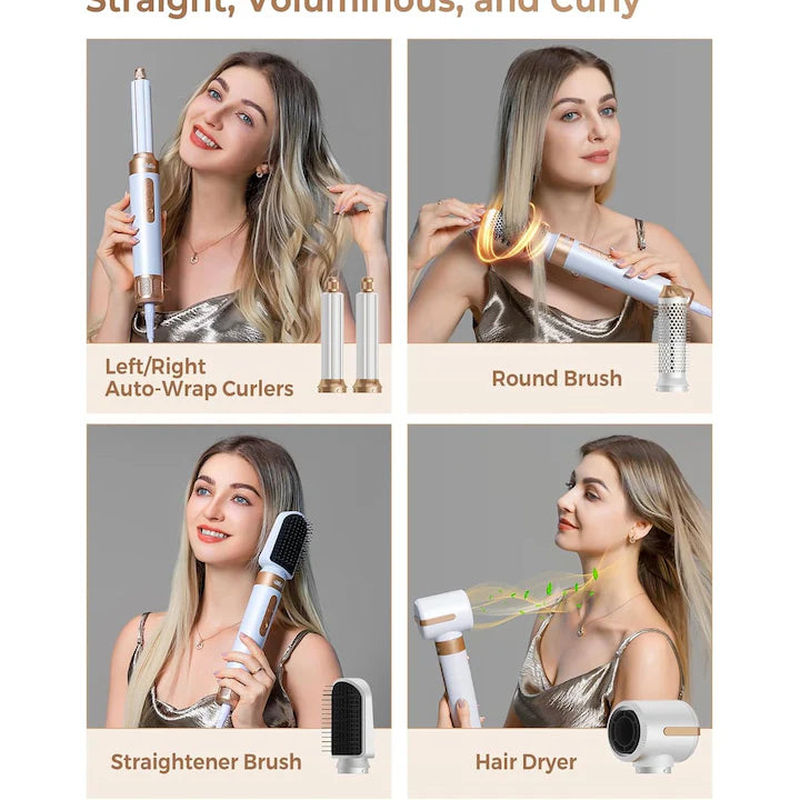 Uscator de par profesional POKKO AIRGLOW 7 in 1, feon CURLY, 2 ondulatoare, perie indreptare, difuzor, concentrator, 110000rpm, alb-auriu