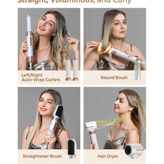 Uscator de par profesional POKKO AIRGLOW 7 in 1, feon CURLY, 2 ondulatoare, perie indreptare, difuzor, concentrator, 110000rpm, alb-auriu