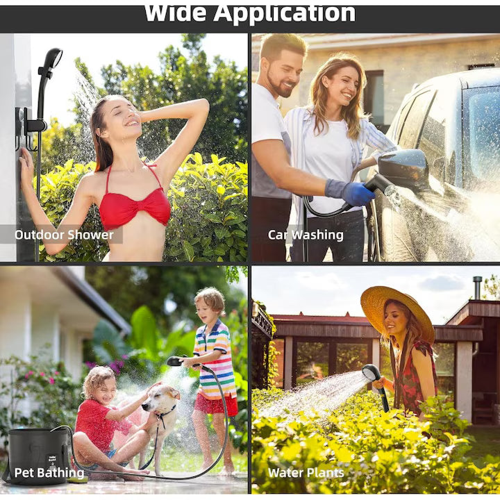 Dus Portabil Camping POKKO Camp Shower™ 6000mAh, Ecran LED, Moduri Pulverizare, IPX7 Waterproof, cu Galeata Pliabila 20l, Cap Dus, Furtun, Pompa, Cablu USB, Carlig, Husa, drumetii, negru