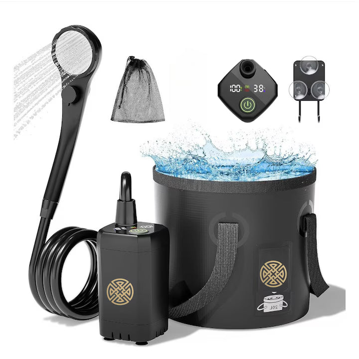 Dus Portabil Camping POKKO Camp Shower™ 6000mAh, Ecran LED, Moduri Pulverizare, IPX7 Waterproof, cu Galeata Pliabila 20l, Cap Dus, Furtun, Pompa, Cablu USB, Carlig, Husa, drumetii, negru