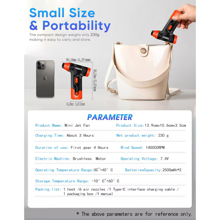 Suflanta aer portabila, POKKO BLOWER, indicator baterie, turbo fan, 140000 RPM, 4 trepte de putere, baterie 2500mAh, USB-C, alb