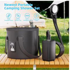 Dus Portabil Camping POKKO Camp Shower™ 6000mAh, Ecran LED, Moduri Pulverizare, IPX7 Waterproof, cu Galeata Pliabila 20l, Cap Dus, Furtun, Pompa, Cablu USB, Carlig, Husa, drumetii, negru