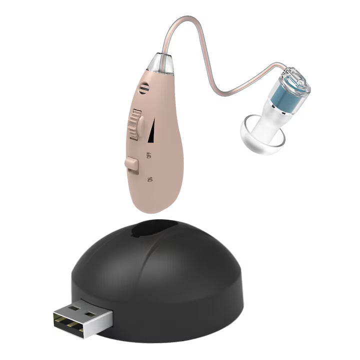 Aparat auditiv digital reincarcabil POKKO Gen4, Hipoacuzie Medie-Severa, amplificator de sunet BTE cu baza de incarcare USB, ergonomic, reducere a zgomotului si calitate clara a sunetului, potrivit pentru persoanele in varsta