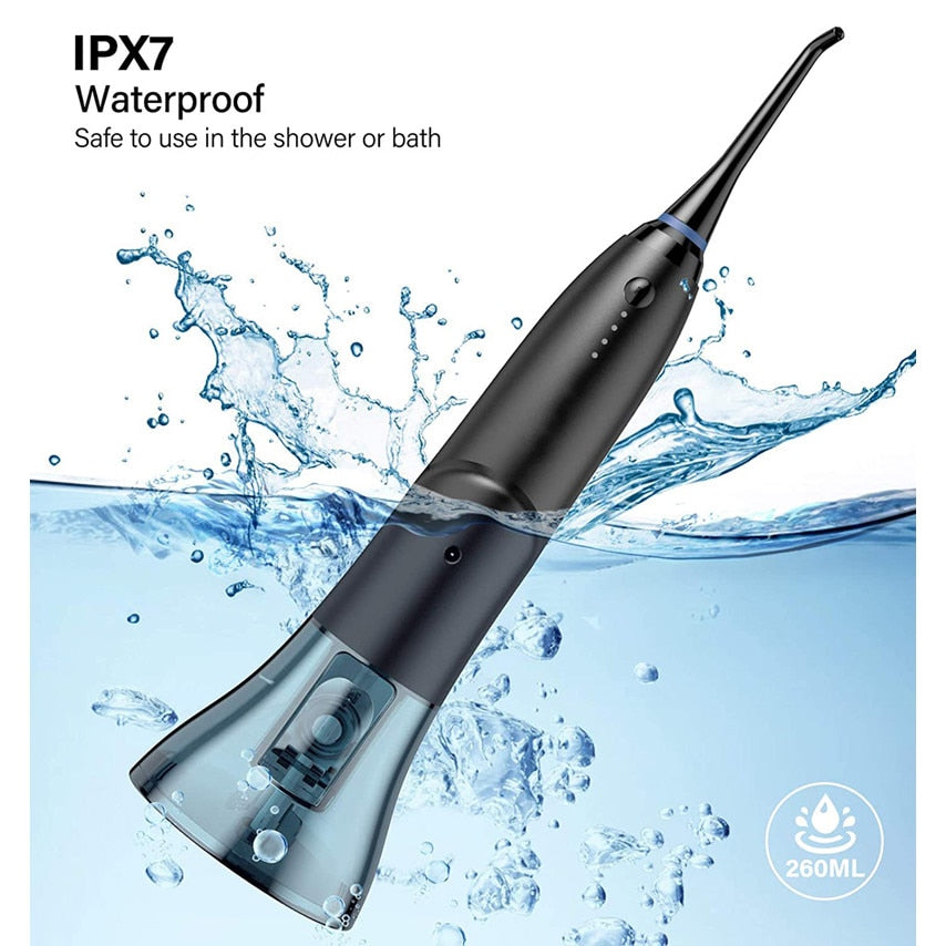 Irigator Oral pentru Dus Bucal POKKO deFLOSSER™, Profesional si Portabil, 1200-1800 Pulsatii/min, Rezervor 250ml, IPX7, 4x Moduri de Lucru, 12x Capete si Husa Transport incluse