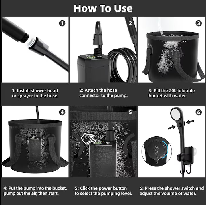 Dus Portabil Camping POKKO Camp Shower™ 6000mAh, Ecran LED, Moduri Pulverizare, IPX7 Waterproof, cu Galeata Pliabila 20l, Cap Dus, Furtun, Pompa, Cablu USB, Carlig, Husa, drumetii, negru