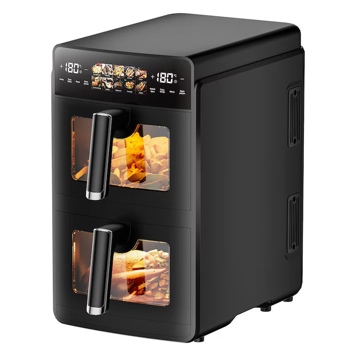 Friteuza dubla cu aer cald POKKO DUAL AIRFRY™, 10L (2×5L), 2600W, panou digital tactil LED, 10 programe presetate, temperatura reglabila, fara ulei, 2 manusi, 2 gratare, pensula, 6 forme, negru