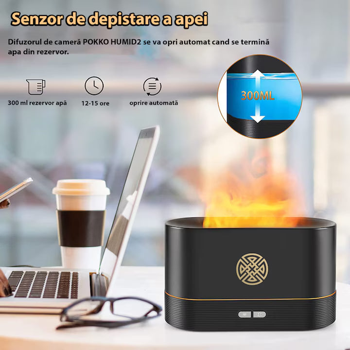 Umidificator de camera POKKO HUMID2, efect de flacara, difuzor ultrasonic aromaterapie, 190ml, alb
