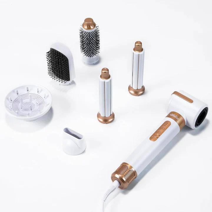 Uscator de par profesional POKKO AIRGLOW 7 in 1, feon CURLY, 2 ondulatoare, perie indreptare, difuzor, concentrator, 110000rpm, alb-auriu