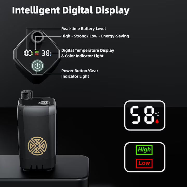 Dus Portabil Camping POKKO Camp Shower™ 6000mAh, Ecran LED, Moduri Pulverizare, IPX7 Waterproof, cu Galeata Pliabila 20l, Cap Dus, Furtun, Pompa, Cablu USB, Carlig, Husa, drumetii, negru