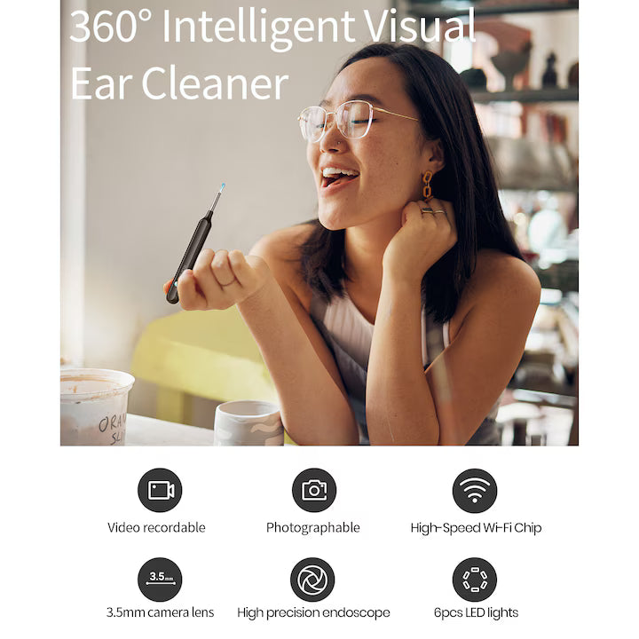 Aparat curatare urechi, Otoscop, POKKOSCOPE™, Camera 3MP, control inteligent temperatura, kit 12 accesorii, LED, negru