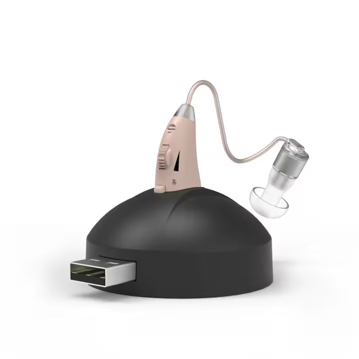 Aparat auditiv digital reincarcabil POKKO Gen4, Hipoacuzie Medie-Severa, amplificator de sunet BTE cu baza de incarcare USB, ergonomic, reducere a zgomotului si calitate clara a sunetului, potrivit pentru persoanele in varsta