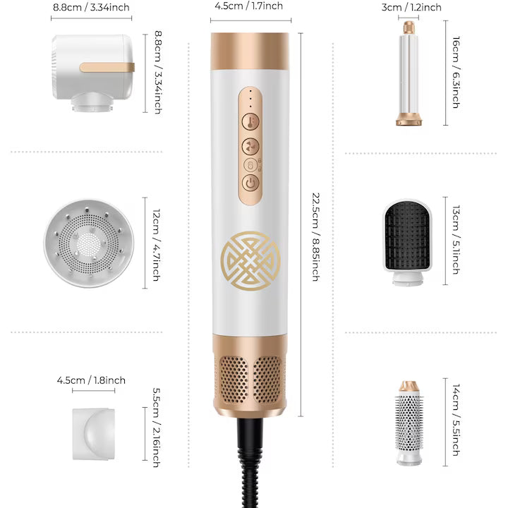 Uscator de par profesional POKKO AIRGLOW 7 in 1, feon CURLY, 2 ondulatoare, perie indreptare, difuzor, concentrator, 110000rpm, alb-auriu