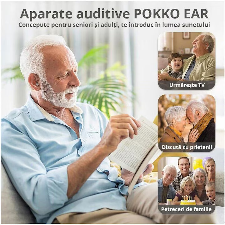 Aparat auditiv digital reincarcabil POKKO Gen4, Hipoacuzie Medie-Severa, amplificator de sunet BTE cu baza de incarcare USB, ergonomic, reducere a zgomotului si calitate clara a sunetului, potrivit pentru persoanele in varsta