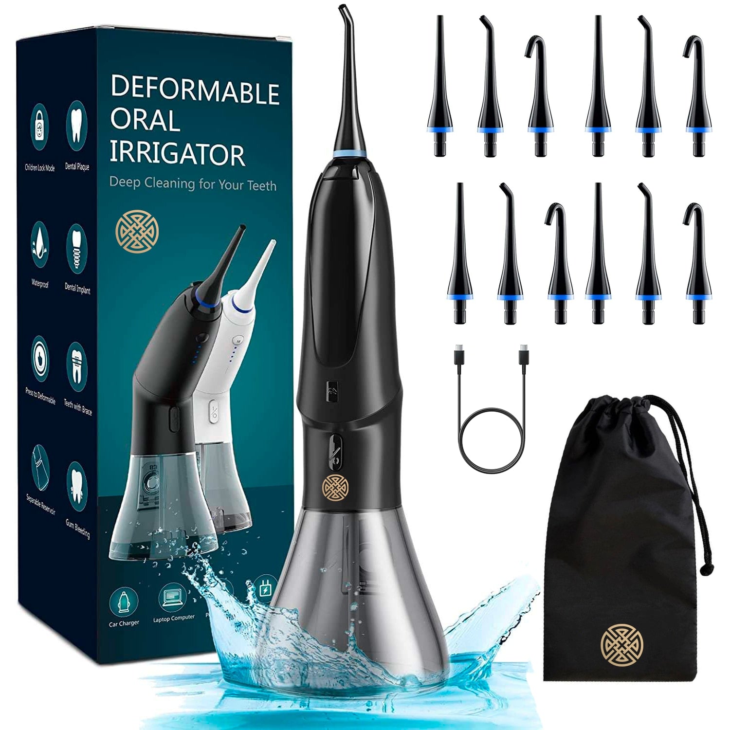 Irigator Oral pentru Dus Bucal POKKO deFLOSSER™, Profesional si Portabil, 1200-1800 Pulsatii/min, Rezervor 250ml, IPX7, 4x Moduri de Lucru, 12x Capete si Husa Transport incluse
