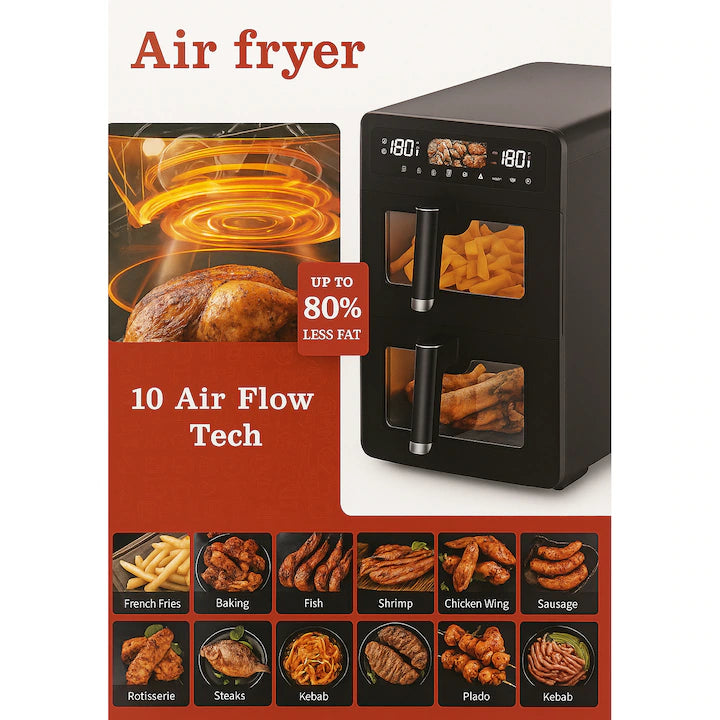 Friteuza dubla cu aer cald POKKO DUAL AIRFRY™, 10L (2×5L), 2600W, panou digital tactil LED, 10 programe presetate, temperatura reglabila, fara ulei, 2 manusi, 2 gratare, pensula, 6 forme, negru