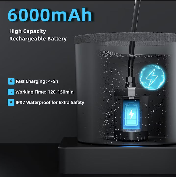 Dus Portabil Camping POKKO Camp Shower™ 6000mAh, Ecran LED, Moduri Pulverizare, IPX7 Waterproof, cu Galeata Pliabila 20l, Cap Dus, Furtun, Pompa, Cablu USB, Carlig, Husa, drumetii, negru