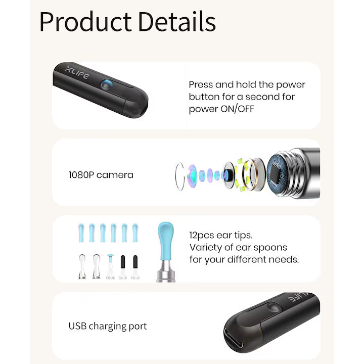 Aparat curatare urechi, Otoscop, POKKOSCOPE™, Camera 3MP, control inteligent temperatura, kit 12 accesorii, LED, negru