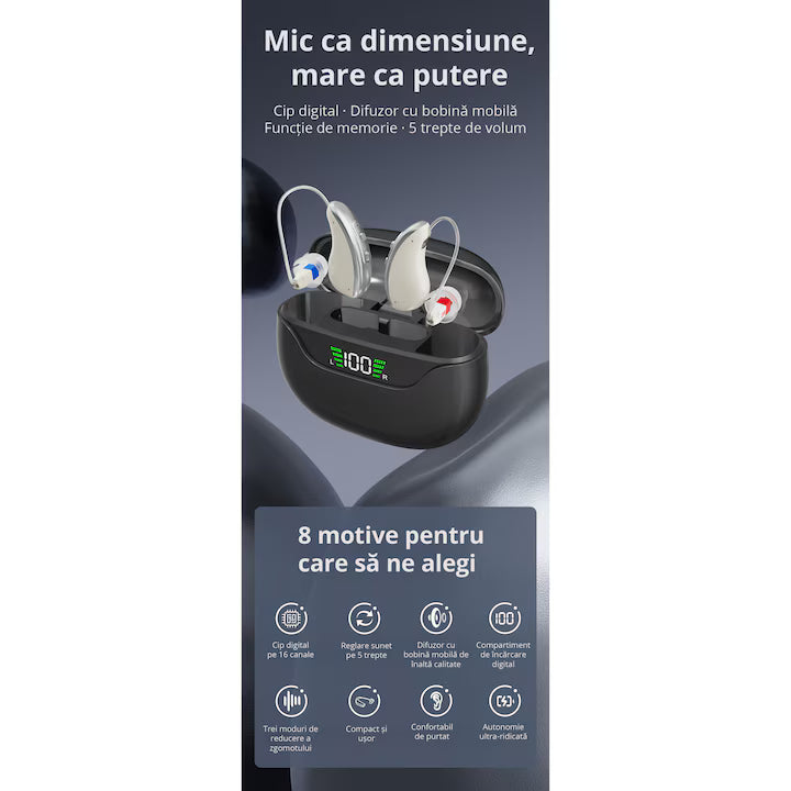 Set aparat auditiv POKKO PRO™, digital, reincarcabil USB, amplificare 130 dB, reducere zgomot, pentru adulti si varstnici, certificat CE