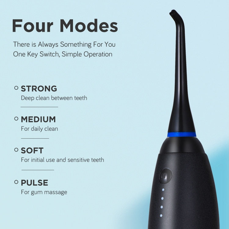 Irigator Oral pentru Dus Bucal POKKO deFLOSSER™, Profesional si Portabil, 1200-1800 Pulsatii/min, Rezervor 250ml, IPX7, 4x Moduri de Lucru, 12x Capete si Husa Transport incluse