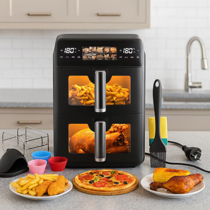 Friteuza dubla cu aer cald POKKO DUAL AIRFRY™, 10L (2×5L), 2600W, panou digital tactil LED, 10 programe presetate, temperatura reglabila, fara ulei, 2 manusi, 2 gratare, pensula, 6 forme, negru