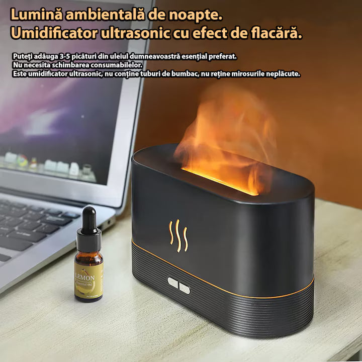 Umidificator de camera POKKO HUMID2, efect de flacara, difuzor ultrasonic aromaterapie, 190ml, alb